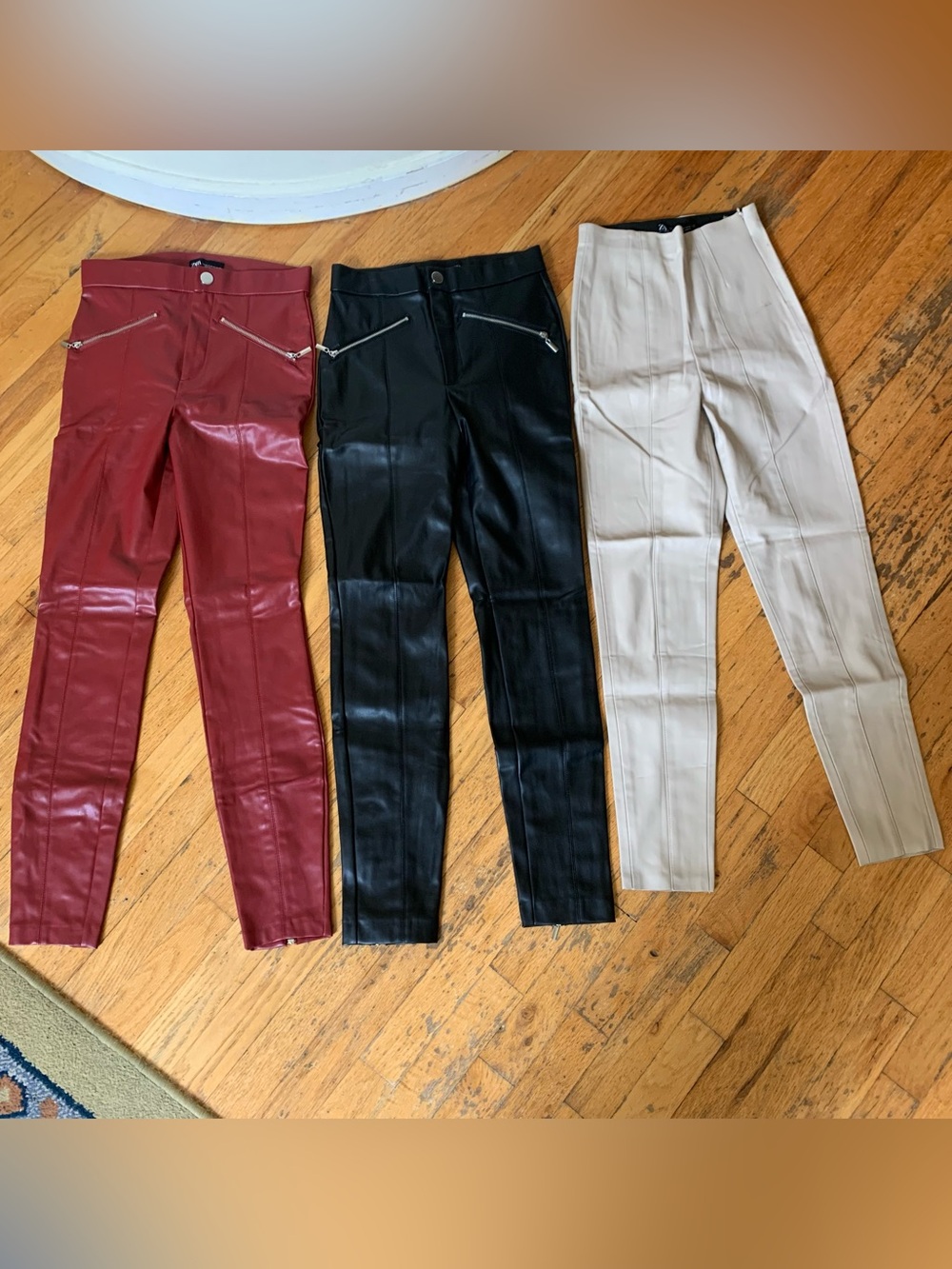 3 pairs of Zara faux leather pants in black, burgundy, and cream size XS